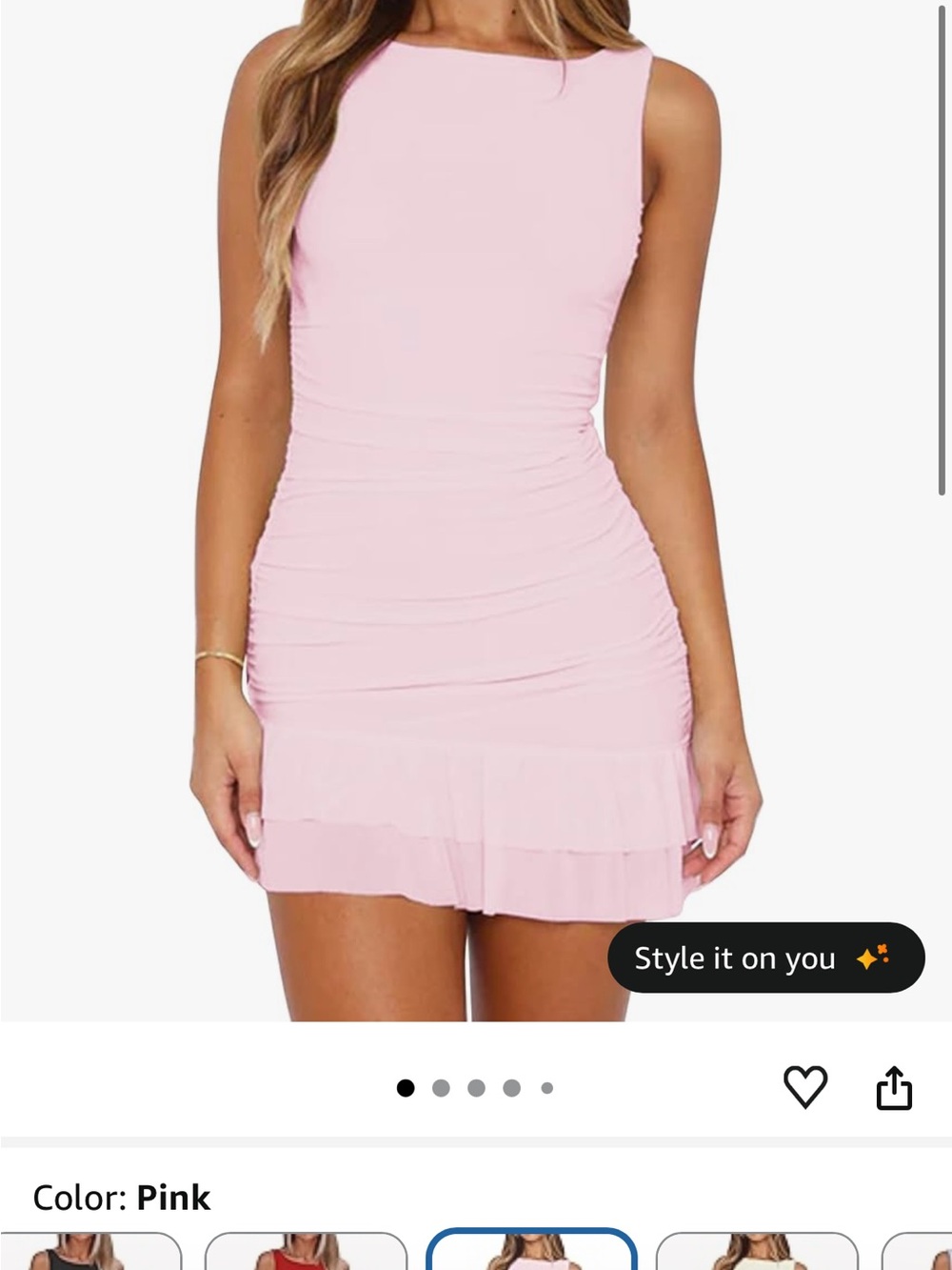 Amazon Pink Sleeveless Ruched Mini Dress with Ruffle Hem